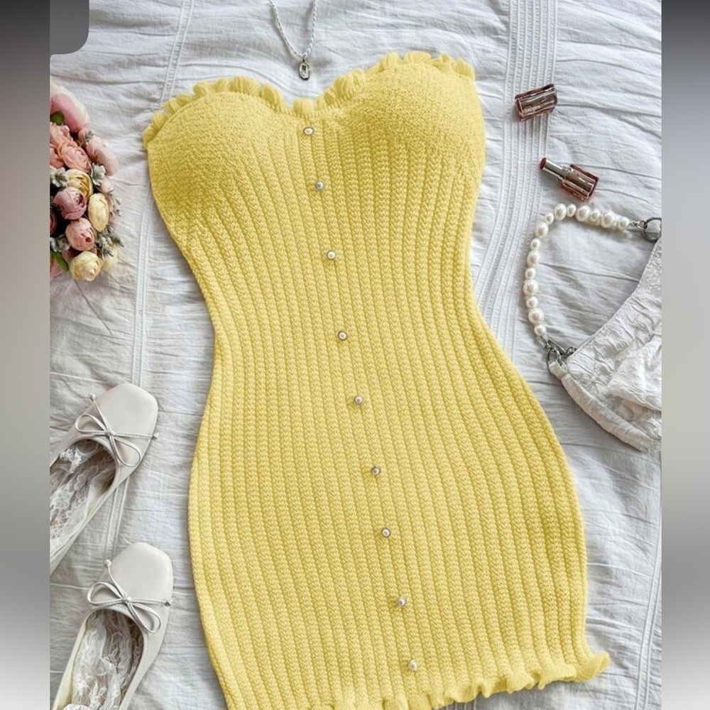 Yellow Ribbed Bustier Bodycon Dress/Swimsuit Coverup - Picture 6 of 6